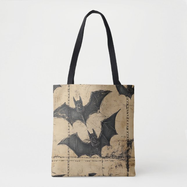 Cream Denim Grunge Patchwork mit Fledermäusen Tasche (Vorderseite)