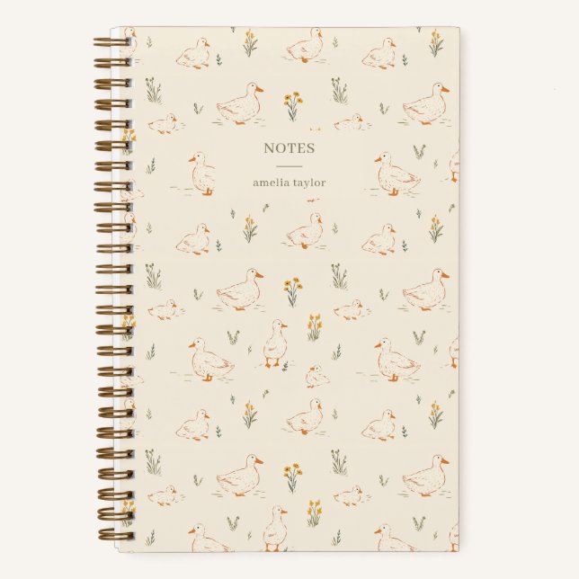 Cream Duck Wildflower Pattern Personalized Name Notizbuch (Vorderseite)