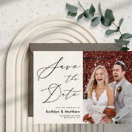 Cream Elegante Script Modernes Foto Einfache Hochz Save The Date