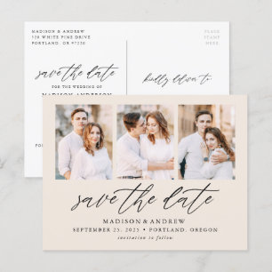 Cream Elegantes Script 3 FotoCollage Save the Date Ankündigungspostkarte