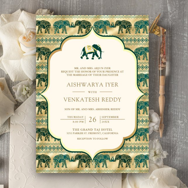 Cream Emerald Elephant All in One Indian Wedding Einladung (Von Creator hochgeladen)