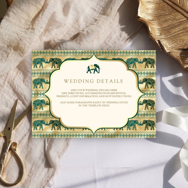 Cream Emerald Gold Elephant Indian Wedding Details Begleitkarte (Von Creator hochgeladen)