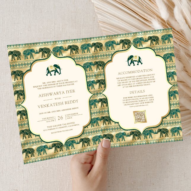 Cream Emerald Green Gold Elephant Indian Wedding Einladung (Von Creator hochgeladen)