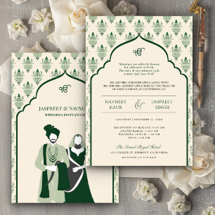 Cream Emerald Punjabi Anand Karaj Sikh Wedding Einladung