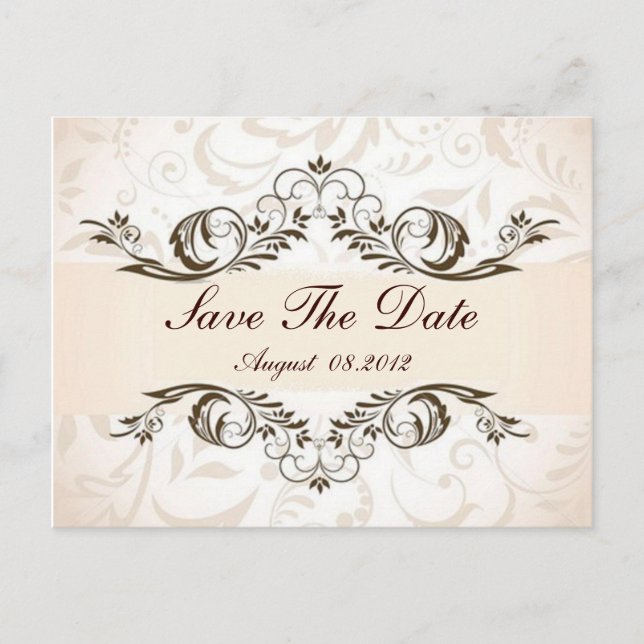 Cream Floral Damask Hochzeit Save the Date Ankündigungspostkarte (Vorderseite)