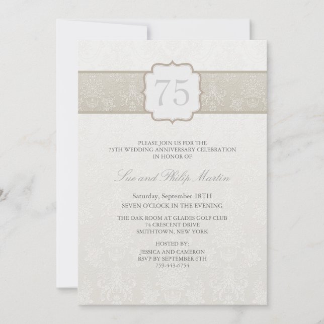 Cream Floral Damask Hochzeitstag Einladung (Vorderseite)