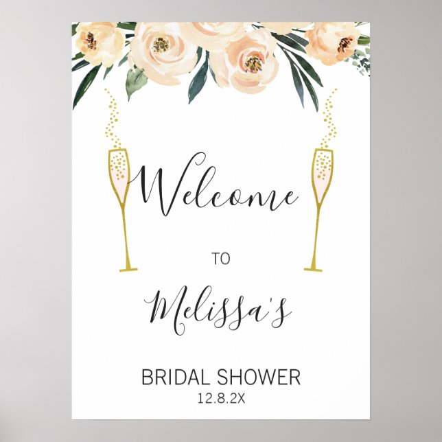 Cream Floral Glasses Brautparty Begrüßungszeichen Poster (Vorne)