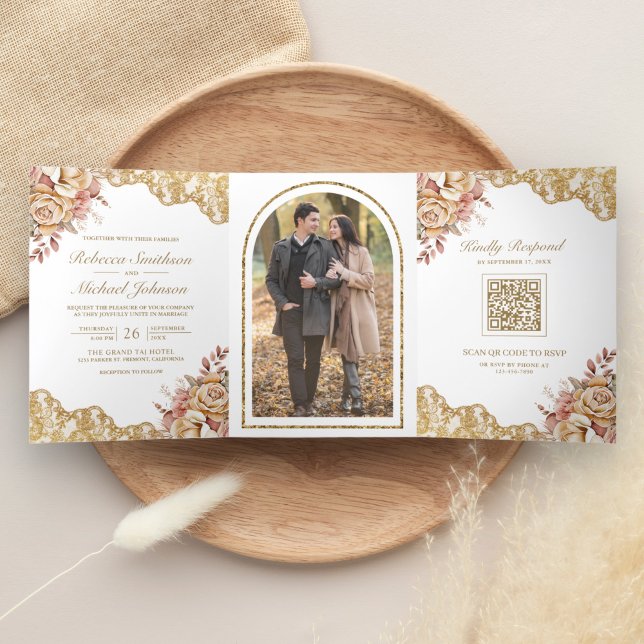Cream Floral Gold Lace QR Code Foto Hochzeit Dreifach Gefaltete Einladung (Von Creator hochgeladen)