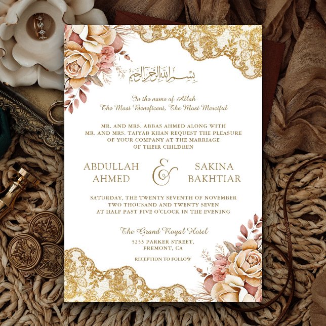 Cream Floral Gold Lace QR Code Muslime Hochzeit Einladung (Von Creator hochgeladen)