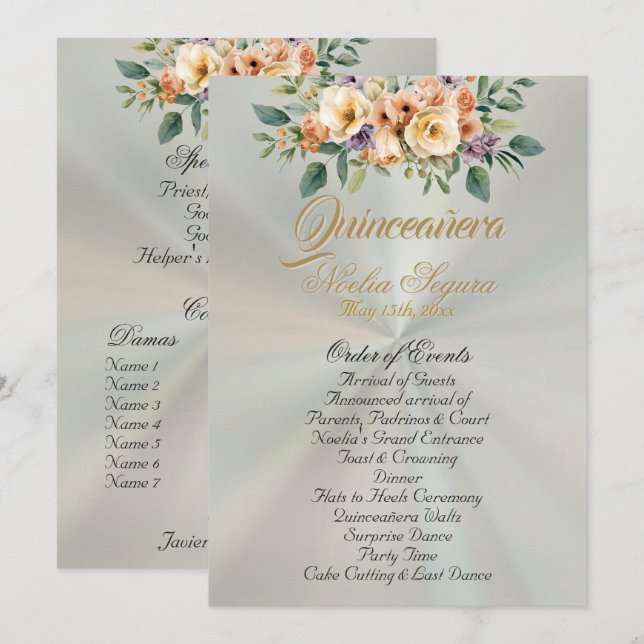Cream Floral Quinceanera Program - Pastel Green Programm (Vorne/Hinten)