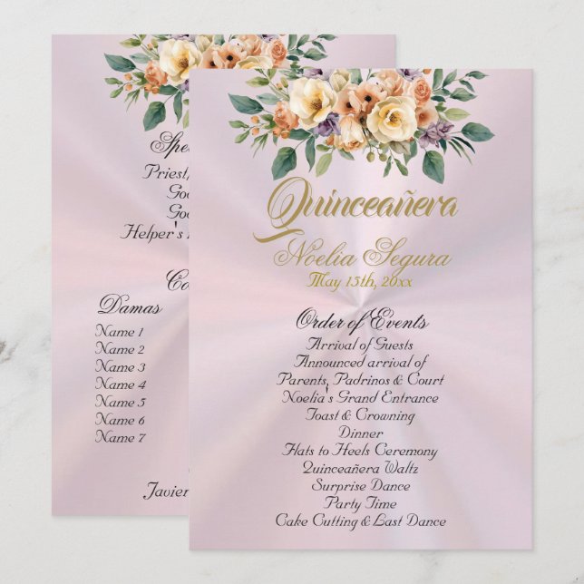 Cream Floral Quinceanera Program - Pastel Pink Programm (Vorne/Hinten)
