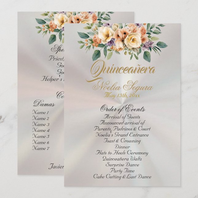 Cream Floral Quinceanera Program - Pearl White Programm (Vorne/Hinten)