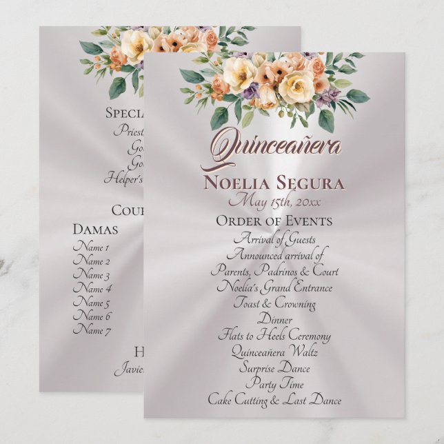 Cream Floral Quinceanera Program - Pearl White Programm (Vorne/Hinten)