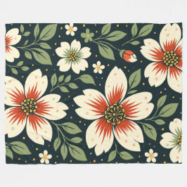 Cream Flowers with Red Centers & Green Leaves Fleecedecke