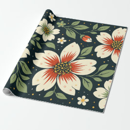 Cream Flowers with Red Centers & Green Leaves Geschenkpapier