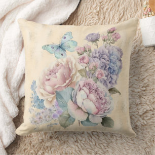 Cream Foil Lavender und Pink Peonies and Butterfly Kissen