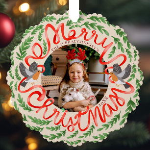 Cream Frohe Weihnachts Folk Foliage Wreath Foto Ornament Karte
