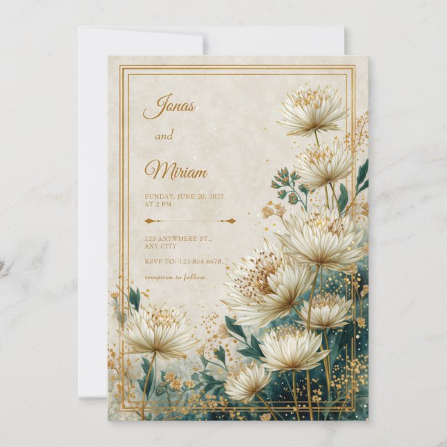 Cream Gilded Astrantia Teal Watercolor Wedding Einladung (Vorderseite)