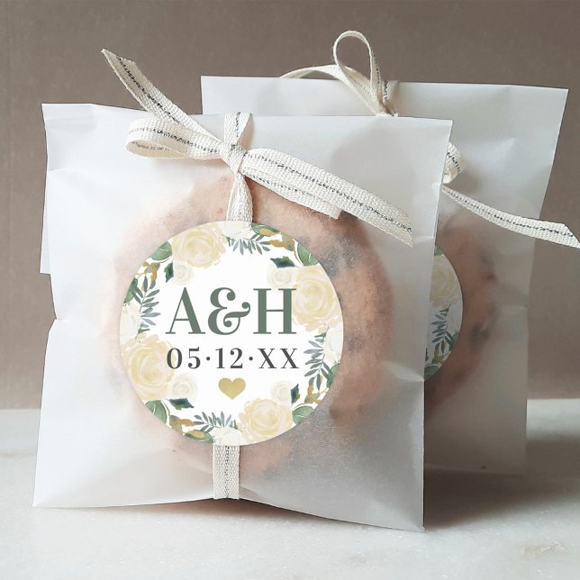 Cream Gold Blumengrün Herz Wedding Monogram Runder Aufkleber (Von Creator hochgeladen)