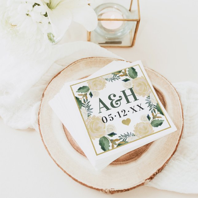 Cream Gold Blumengrün Herz Wedding Monogram Serviette (Von Creator hochgeladen)