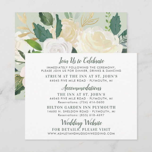 Cream Gold Blumengrün Hochzeitsinformationen Begleitkarte (Vorne/Hinten)