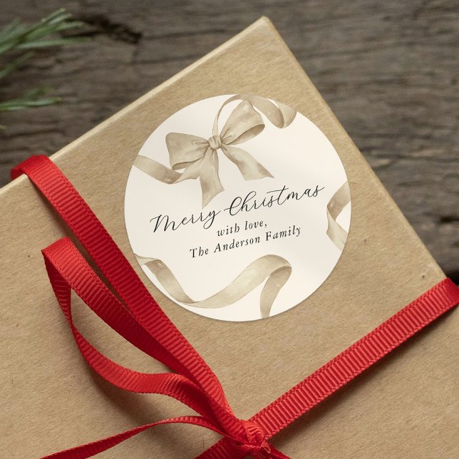 Cream Gold Bow Frohe Weihnachten Runder Aufkleber (Von Creator hochgeladen)