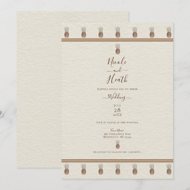 Cream Gold Brown Ananas Minimal Elegante Hochzeit Einladung (Vorne/Hinten)