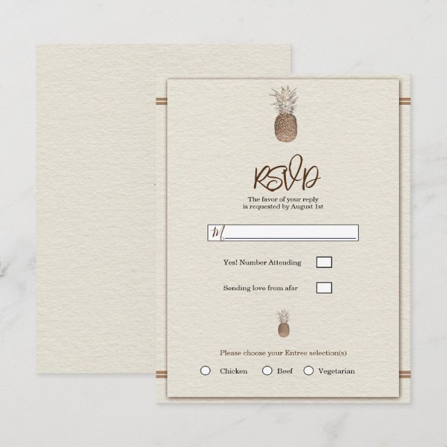 Cream Gold Brown Ananas Minimal Wedding RSVP Einladung (Vorne/Hinten)
