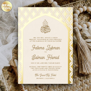 Cream Gold Diamanten Bogen Muslimische Hochzeit Folieneinladung
