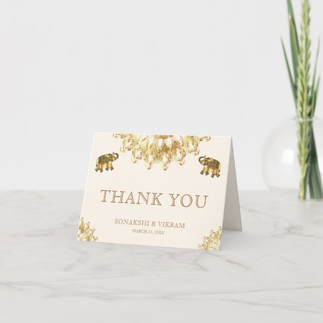 Cream Gold Ethnic Elephants Indian Wedding Dankeskarte (Vorderseite)