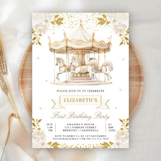 Cream Gold Floral Carousel Erster Geburtstag Party Einladung