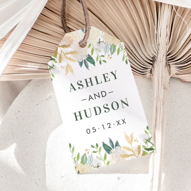 Cream Gold Floral Greenerity Wedding Monogram Geschenkanhänger (Von Creator hochgeladen)