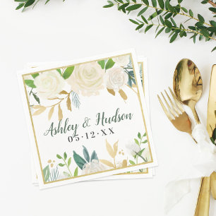Cream Gold Floral Greenerity Wedding Monogram Serviette