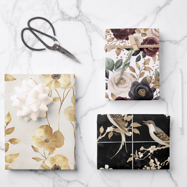 Cream Gold Floral Wedding Geschenkpapier Set (Vorderseite)