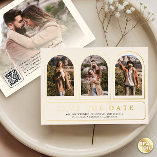 Cream Gold Foto QR Code Hochzeit Terminankündigung Folieneinladung