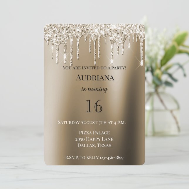 Cream Gold Glitz Glitzer Ice Creme Tropfen Geburts Einladung (Stehend Vorderseite)