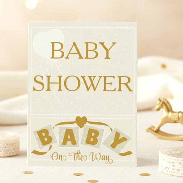 Cream & Gold Heart & Ribbon Baby Shower Invitation Einladung (Elegant cream & gold baby shower card, customizable details. )