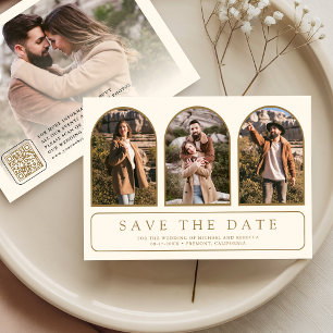Cream Gold Minimaler Bogen Foto QR Code Hochzeit Save The Date