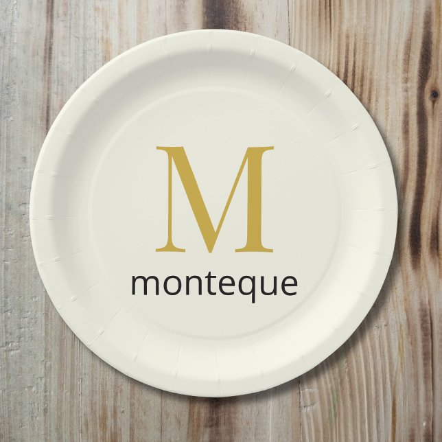 Cream Gold Monogram Personalisierter Name Luxusges Pappteller (Von Creator hochgeladen)