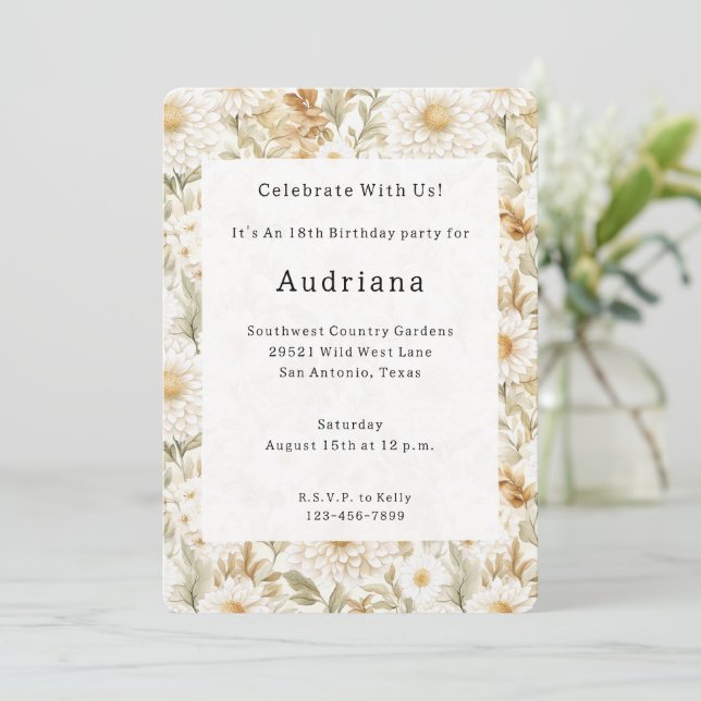 Cream Gold White Country Flowers Einladung (Stehend Vorderseite)