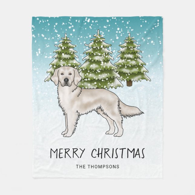 Cream Golden Retriever Dog Blue Snowy Weihnachten Fleecedecke (Vorderseite)