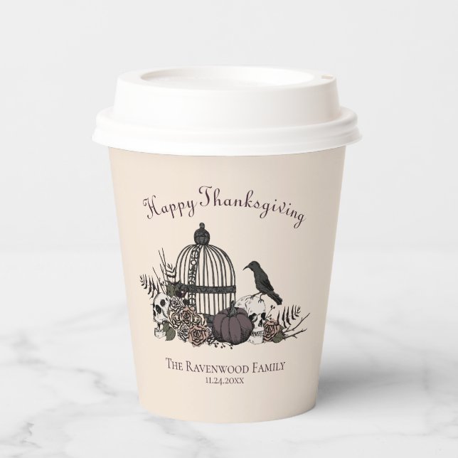 Cream Gothic Skulls, Pumpkin & Rose Erntedank Pappbecher (Vorderseite)