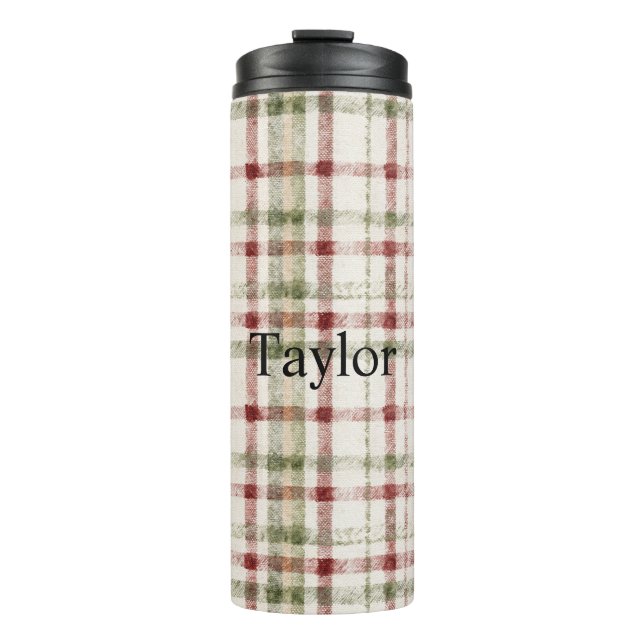 Cream Green Red Plaid Stripes Christmas  Thermosbecher (Vorderseite)