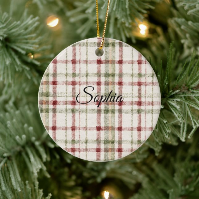 Cream Green Red Plaid Stripes  Keramik Ornament (Baum)