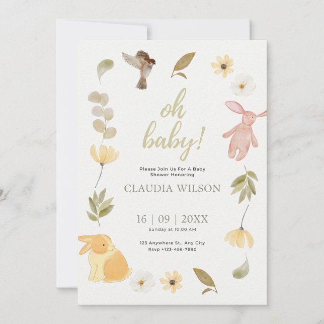 Cream Green Watercolor Baby Dusche Einladung (Vorderseite)