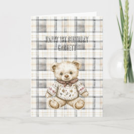 Cream Grey Plaid Stripes Teddy Bear Birthday Karte