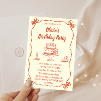Cream Hand-Drawn Cake & Ribbon Border Birthday  Einladung
