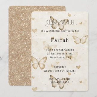 Cream Hearts Butterflies Gold Glitter Birthday   Einladung