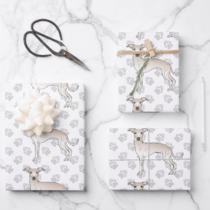 Cream Italienischer Windhund Cartoon-Hunde mit Pfo Geschenkpapier Set