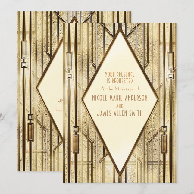Cream Ivory Gold 20's Art Deco Gatsby Glam Wedding Einladung (Vorne/Hinten)